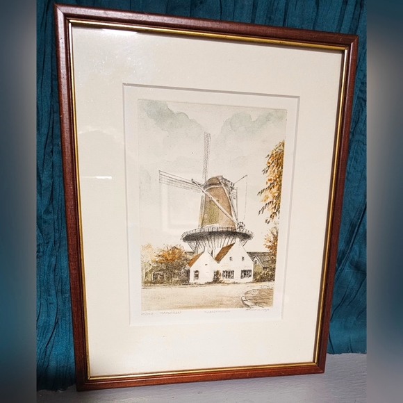 Vintage Framed Hand Coloured Engraving Dutch Windmill Signed A. Wieringa - Picture 2 of 9